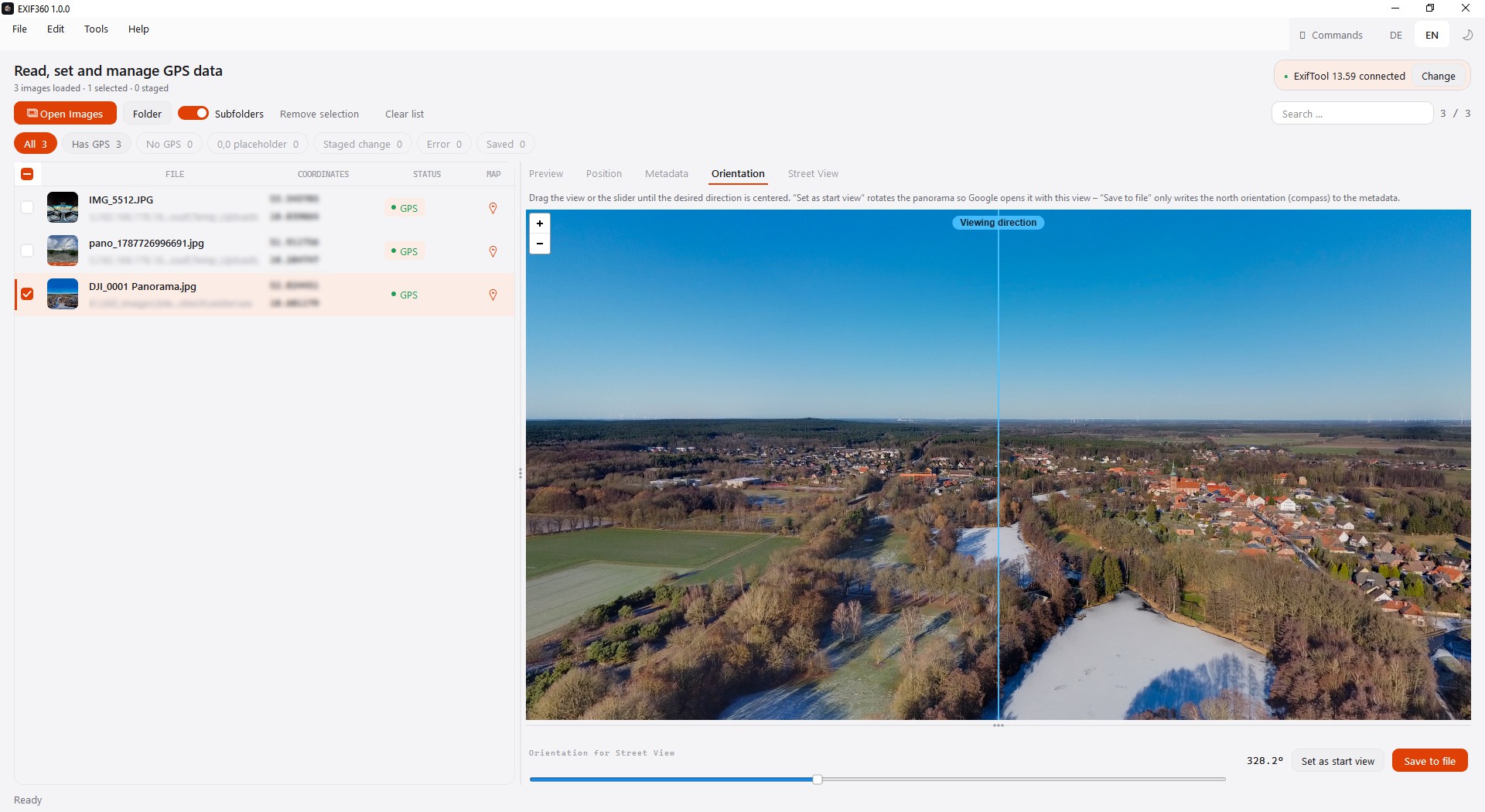 Screenshot: Exif360 – Blickrichtung eines 360°-Panoramas für Street View festlegen