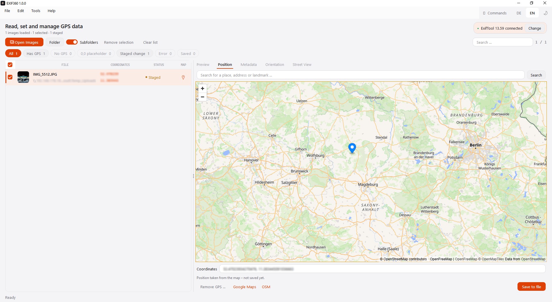Screenshot: Exif360 – GPS-Position eines Fotos auf der Karte setzen